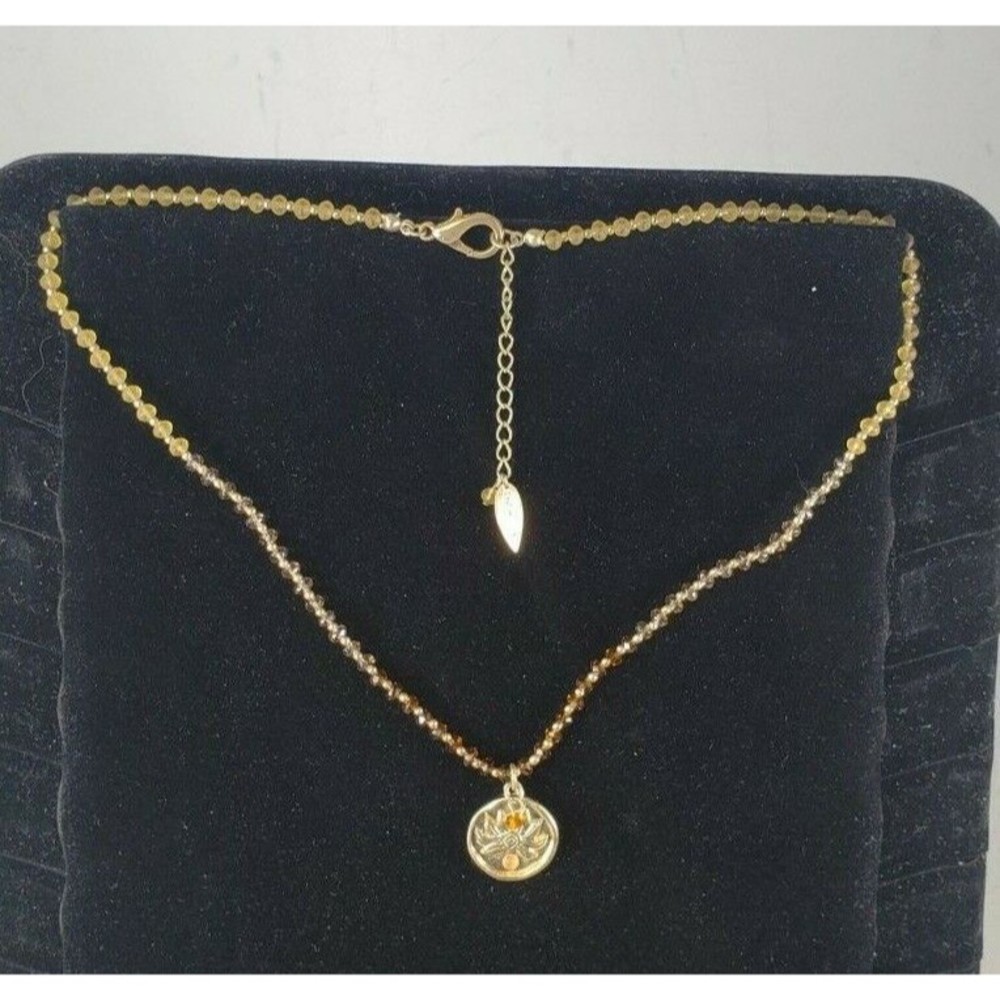 Coldwater Creek Necklace Yellow & Gold Tone Beaded Stamped Floral Pendant 19"